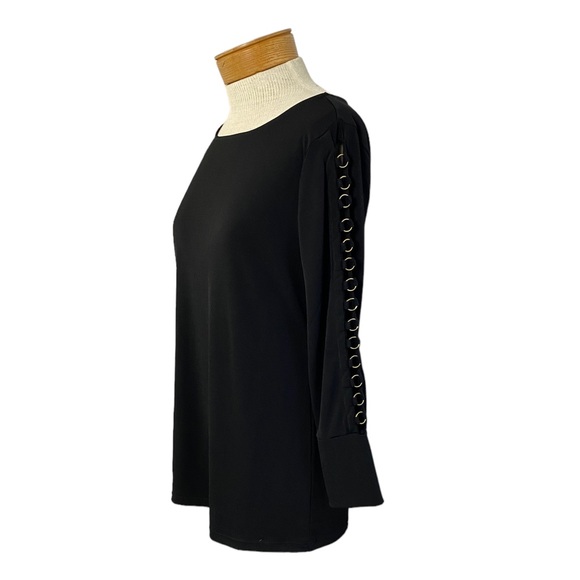Carmen Marc Valvo Cutout Sleeves Black Gold Rings Blouse Top Sz M - Picture 3 of 9